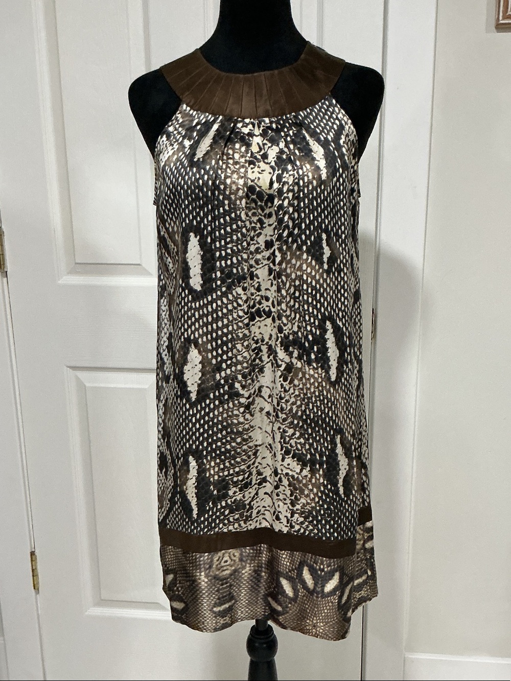Hale Bob Brown & Cream Snake-Print Midi Dress 100% silk Small